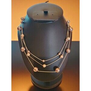 RMN Gray Faux Pearl Multi-Strand Necklace – Layered Silver-Tone Beads – 12” Drop
